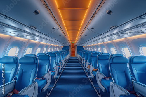 Spacious Commercial Airplane Interior, Illuminated Aisle, Empty Seats