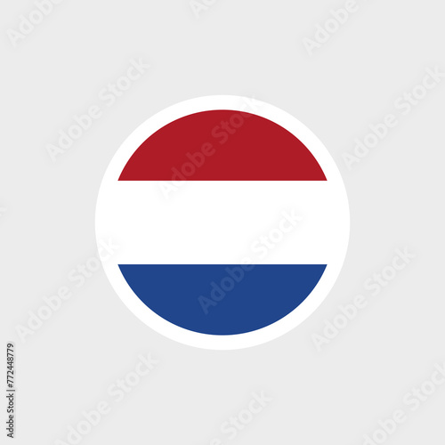 Flag of the Netherlands (Holland) in a round shape. Tricolor: red, white, blue colors. Three horizontal stripes. Isolated vector illustration on gray background.