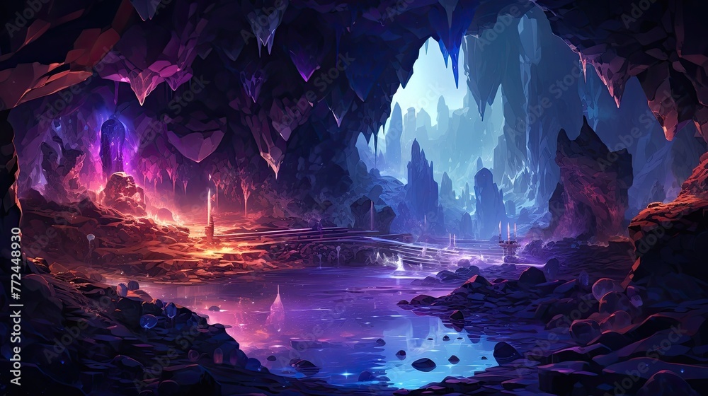 Ethereal and Radiant Cave Entrance Illuminated by Glowing Crystals and Shimmering Ore Veins in a Serene Fantasy Landscape