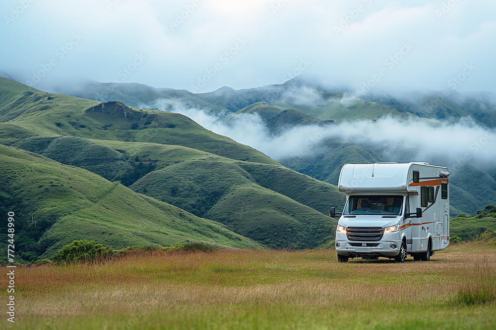 Exploring Nature's Beauty: A Modern RV Amidst Verdant Hills and Misty Skies