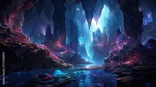 Radiant Cavern Entrance with Glowing Crystals and Illuminated Water Droplets in a Fantasy Inspired Digital Artwork © Sittichok