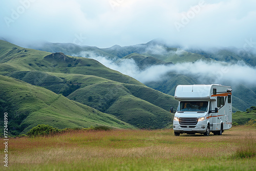 Exploring Nature's Beauty: A Modern RV Amidst Verdant Hills and Misty Skies