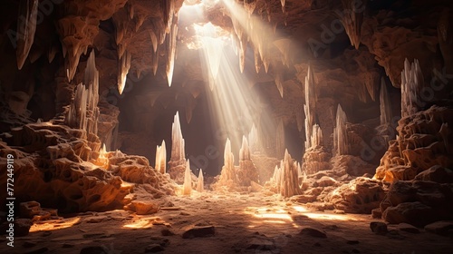 Captivating Cave Entrance with Shimmering Shafts of Light Illuminating Crystalline Formations on the Sandy Floor photo