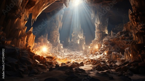 Captivating Cavern Entrance Illuminated by Incandescent Sunlight Beams Reflecting Off Glittering Crystal Formations
