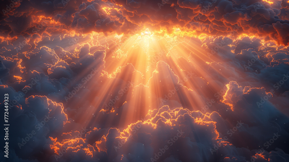 The sun is shining through the clouds, creating a beautiful and serene scene. AI.