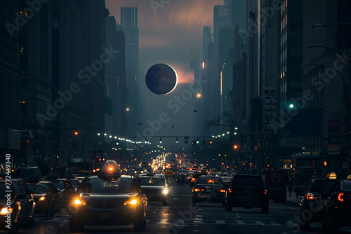 Futuristic Cityscape with Eclipse, Dusk Atmosphere, and Urban Mood, Solar Eclipse 2024, April 8