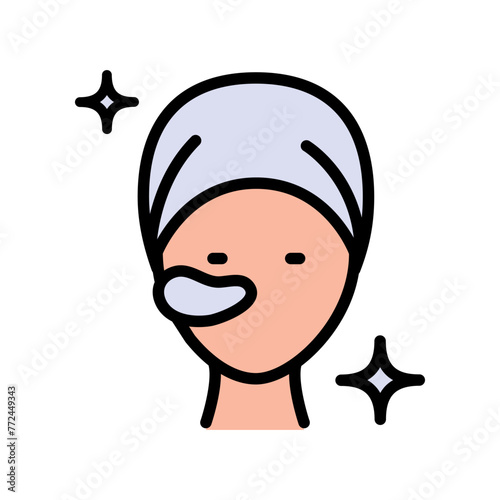 Girl face with patches color icon. Beauty procedure concept, applying cosmetic patches under the eyes sign on white background. Gel patch on face icon simple style. Vector graphics.