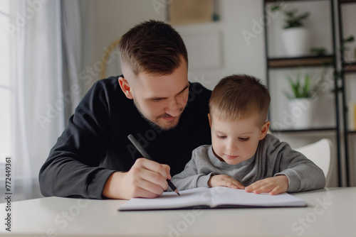 Father teaching his son to do homework. Little boy and dad doing homework together at home. Parenting Philosophies