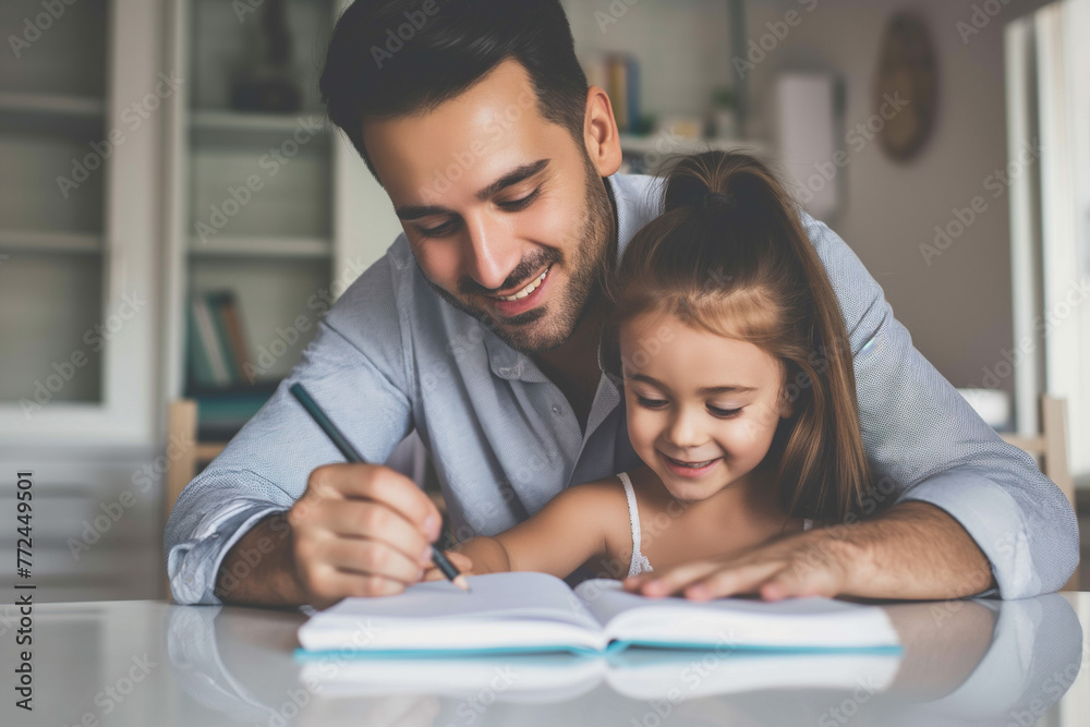 Young father teaching his lovely daughter to do homework with a smile. Cute little girl and dad doing homework together at home. Parenting Philosophies Young father teaching his lovely daughter to do homework with a smile. Cute little girl and dad doing homework together at home. Parenting Philosophies