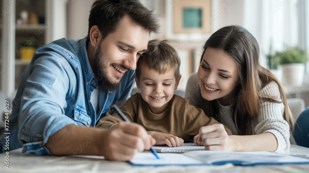 Happy family with little son doing homework together at home in the living room. Parenting Philosophies Happy family with little son doing homework together at home in the living room. Parenting Philosophies