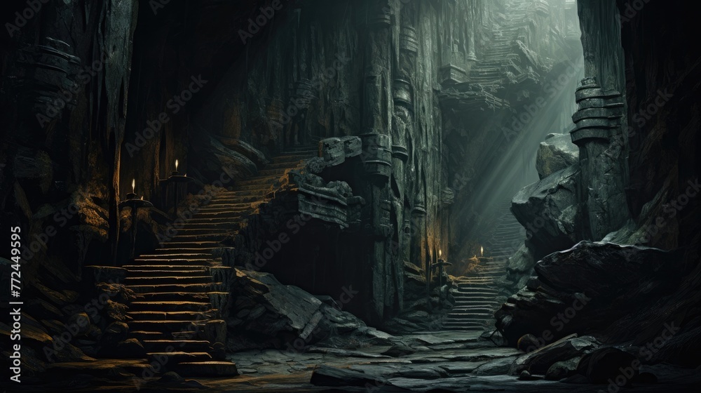 Enigmatic Subterranean Passage Shrouded in Ethereal Mist and Renaissance Inspired Chiaroscuro