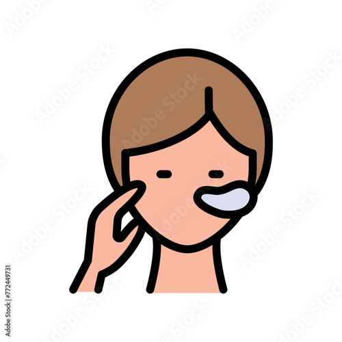 Girl face with patches color icon. Beauty procedure concept, applying cosmetic patches under the eyes sign on white background. Gel patch on face icon simple style. Vector graphics.
