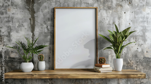 Blank mock up poster frame on wooden shelf against concrete wall. Loft modern contemporary interior design. © steve