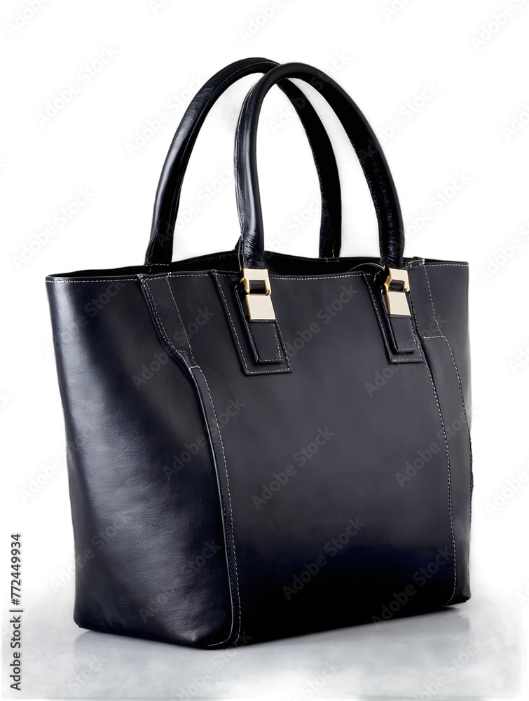 Black tote bag with elegant brown leather handles and black accents isolated on a white background, png. Black tote bag with elegant brown leather handles and black accents isolated on a white background, png.