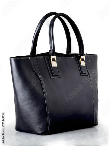 Black tote bag with elegant brown leather handles and black accents isolated on a white background, png.