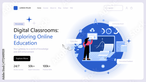 Online education or business courses. Landing page website design. Presentation slide template. E-learning concept. Modern vector illustration concepts for website and mobile website development