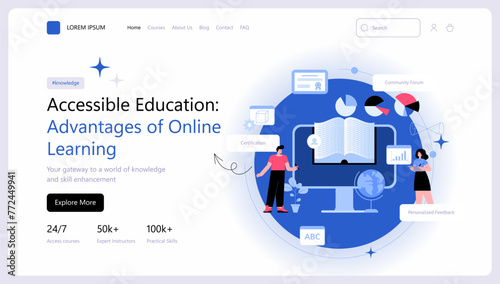 Online education or business courses. Landing page website design. Presentation slide template. E-learning concept. Modern vector illustration concepts for website and mobile website development