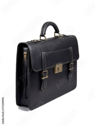 Professional black leather briefcase with golden clasps isolated on a white background, png.