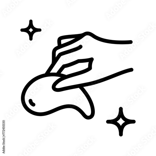 Eye gel patches in hand line icon. Linear logo for cosmetics. Simple illustration of eye mask. Trend care products. Contour isolated vector sign on white background.