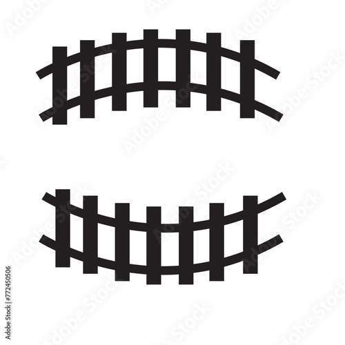 Vector illustration of curved railroad isolated on a white background. Straight and curved railway train track icon set. Perspective view railroad train paths.