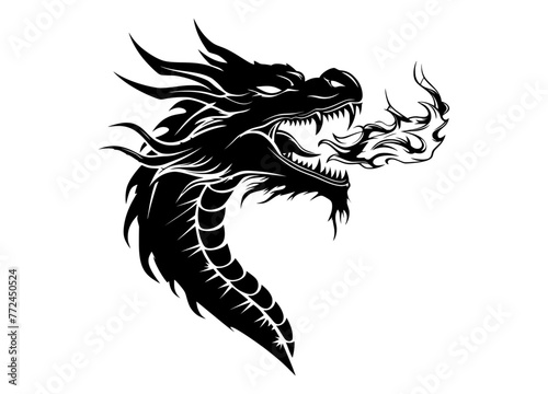 silhouette of black dragon or wyvern hovering breathing fire or exhaling flame isolated on a white background