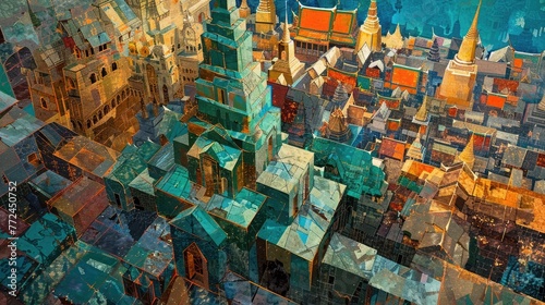 Abstracted Aerial View of Ornate Temple Architecture and Vibrant Peacocks in Cubist Inspired Digital