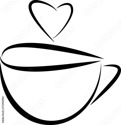 Coffee cup with a heart shaped steam vector illustration, smooth black lines