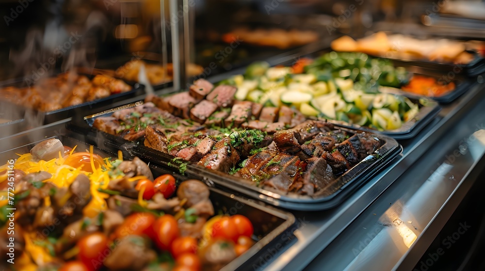 Catering buffet food indoor in restaurant with grilled meat. Buffet service for any festive event, party or wedding reception. - obrazy, fototapety, plakaty 