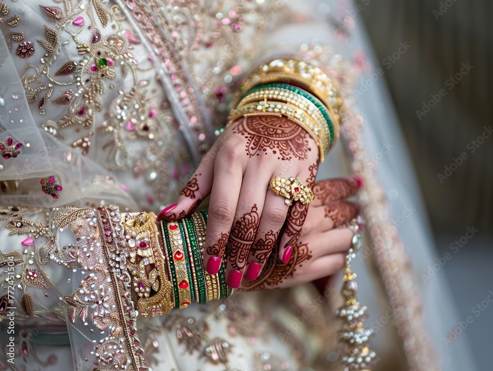 Fototapeta premium Elegant bride hand adorned with ornate multi colored jewelry and Henna tattoo on the hand of a young bride in a wedding dress.