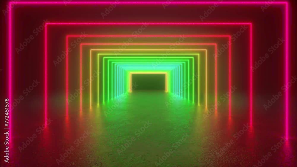 Tunnel of neon lights glowing on a concrete floor in a dark room. Abstract background with square frame. Empty stage illuminated with lines and laser beams. 4K 3D Animation Loop Futuristic Sci Fi Tunnel of neon lights glowing on a concrete floor in a dark room. Abstract background with square frame. Empty stage illuminated with lines and laser beams. 4K 3D Animation Loop Futuristic Sci Fi