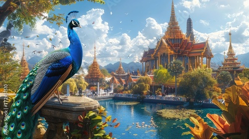 Enchanting Peacock Amidst the Ornate Splendor of a Thai Temple Complex in a Surrealist Dreamscape photo