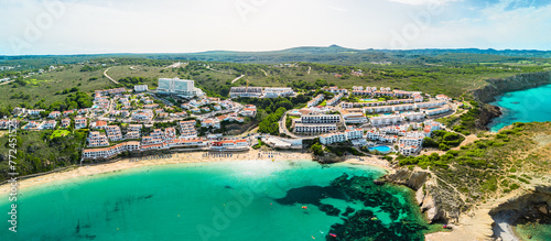 Areal drone view of the Arenal d'en Castell beach on Menorca island, Spain
