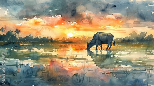 Serene Watercolor Depiction of a Water Buffalo Grazing in a Vibrant Paddy Field at Sunset