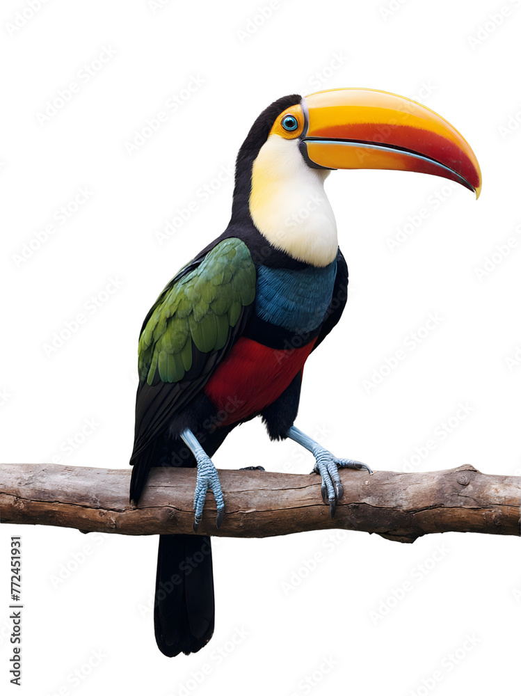 Vibrant toucan bird with a large beak perched on a wooden branch against a clean, white background. Vibrant toucan bird with a large beak perched on a wooden branch against a clean, white background.