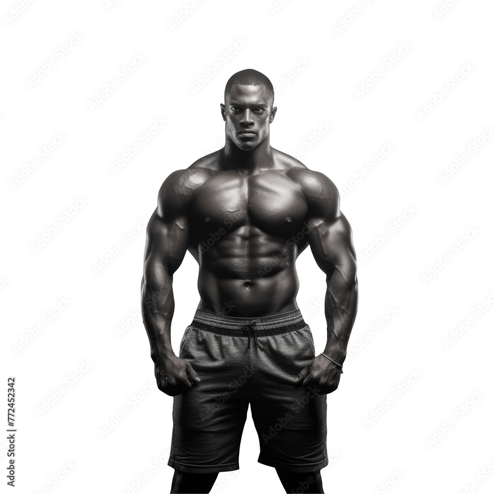 A bodybuilder with a chiseled jaw and muscular body poses in front of a transparent background, showcasing his defined chest, thick neck, and powerful arms on transparent A bodybuilder with a chiseled jaw and muscular body poses in front of a transparent background, showcasing his defined chest, thick neck, and powerful arms on transparent