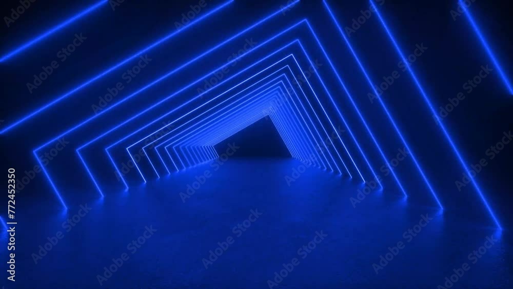 Explore a tunnel with blue neon lights illuminating a dark room. Glowing lines create a mesmerizing futuristic atmosphere in this 3D animation loop. 4K 3D Animation Loop Futuristic Sci Fi Lines
