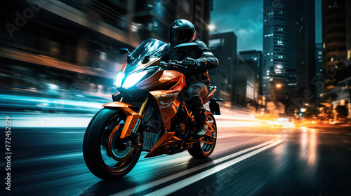 Night motorcycle driving downtown colorful on city streets   like colorful flashes  flash light car photo   Generate AI