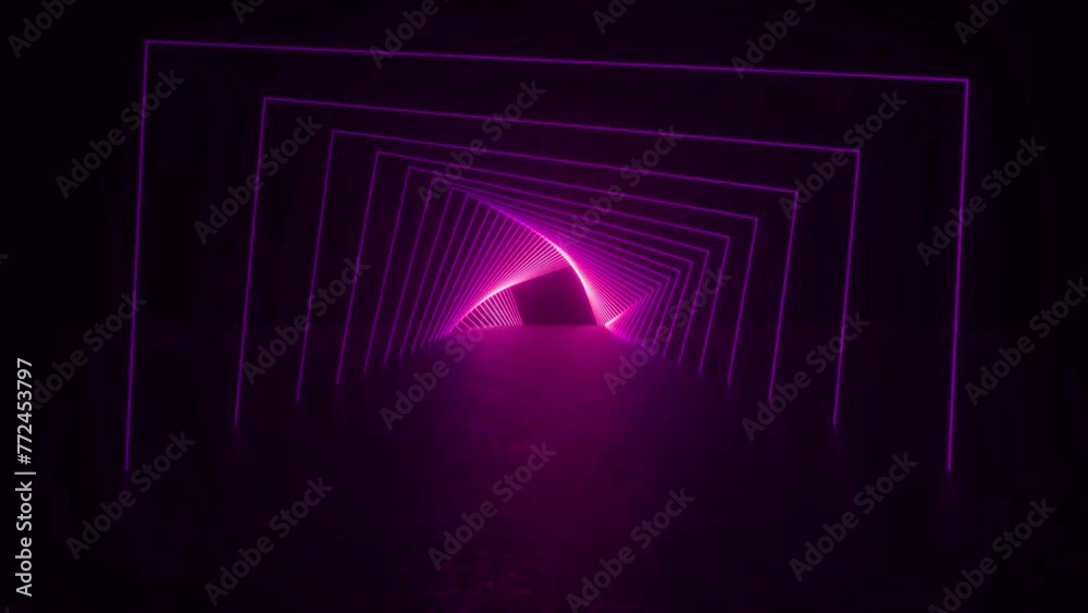 Explore a tunnel with neon tube lights glowing in a concrete floor ...