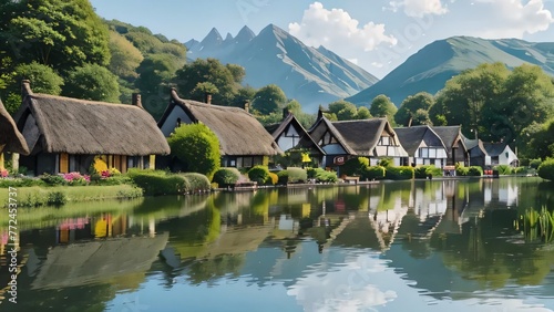 A serene lakeside village with thatched cottages, blooming gardens, and swans gliding over the calm water photo