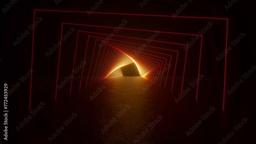 Explore a tunnel illuminated by vibrant red neon lights in a futuristic, sci-fi setting. The lights create a mesmerizing visual effect on the sleek concrete walls and floor.