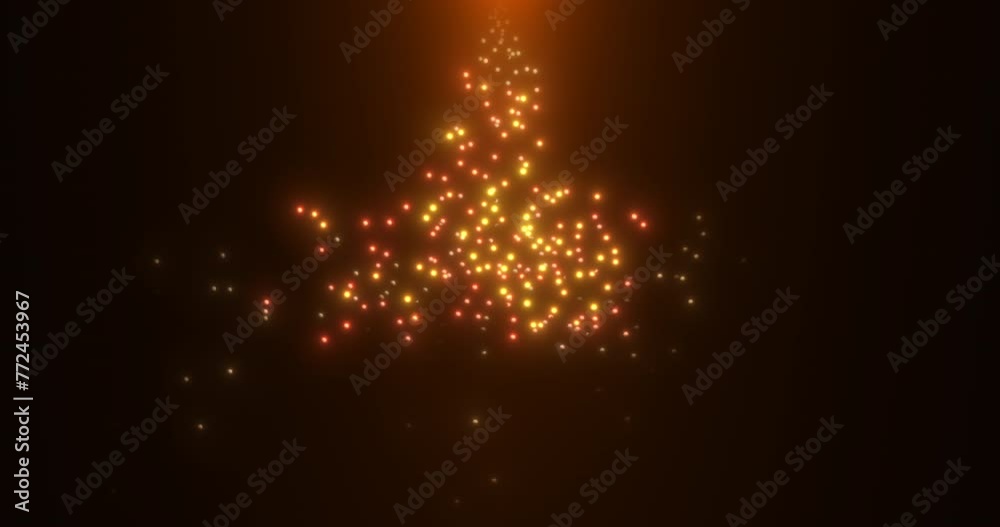 Colored lights raining down from above from a source of orange light. Particles bouncing off an invisible surface. Abstract animation.