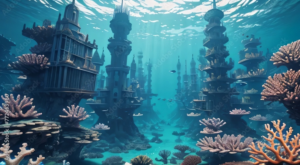 An underwater city with coral skyscrapers, empeople commuting on seahorses, and schools of fish swimming through the streets.