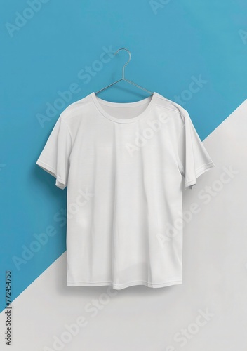 A white 3d flat tshirt hanging on hanger mockup, front view, diagonal half blue and diagonal white background, aesthetic style, hyper realistic illustration, flat lay, high resolution