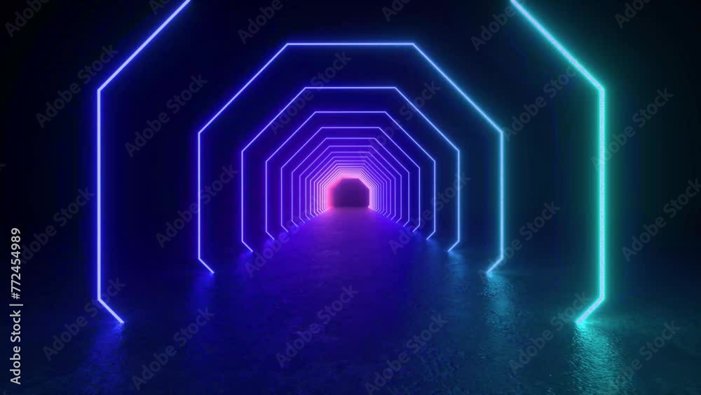 Explore a tunnel with neon lights looping in concrete floors, creating ...
