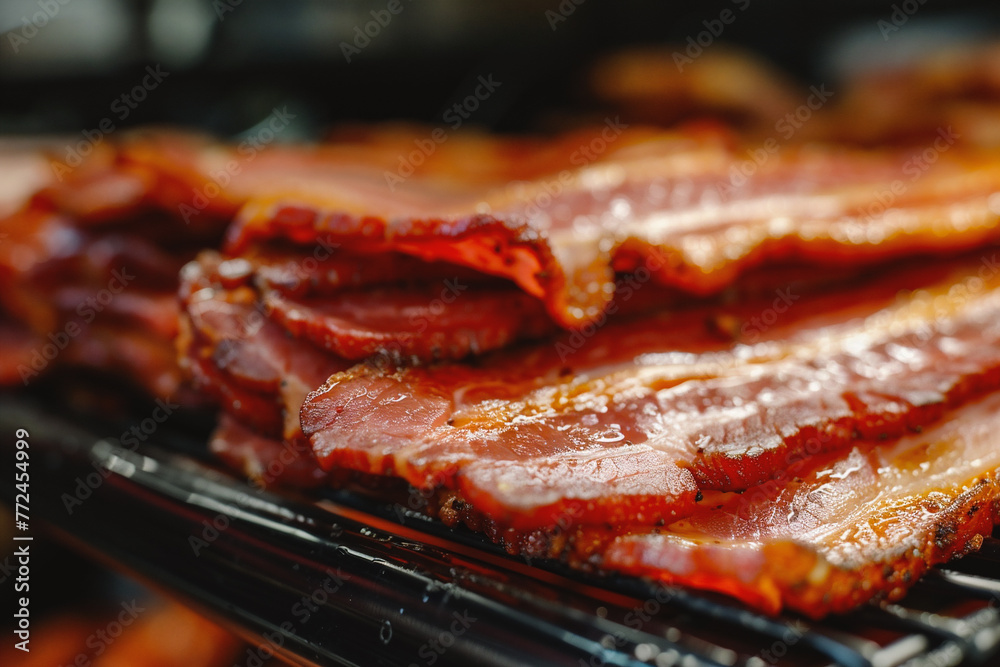 Smoked bacon on a barbecue grill. Close-up of smoked bacon