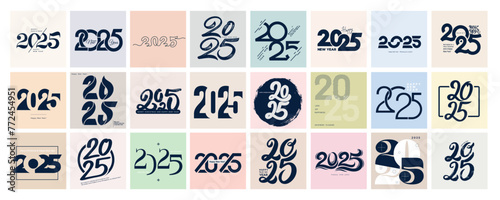 Big Set of 2025 number design template. 2025 Happy New Year logo text design. Vector with black 24 labels logo for diaries, notebooks, calendars, social media. Christmas set of 2025 Happy New Year.