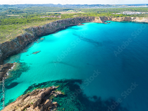 Areal drone view of the Arenal d en Castell beach on Menorca island  Spain