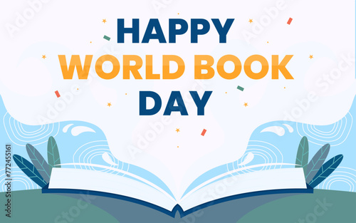 happy world book day banner template design with blue background and open book illustration