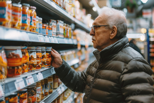 Senior man choosing food products in supermarket. Elderly man buying food in supermarket.