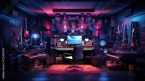  modern music studio room complete with musical instruments, good lighting, cyber punk fashion , Generate AI